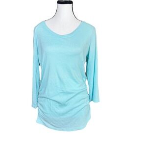 Fresh Produce M Aqua Blue Sheen Ruched V-Neck 3/4 Sleeve Top Tunic Mesh Resort